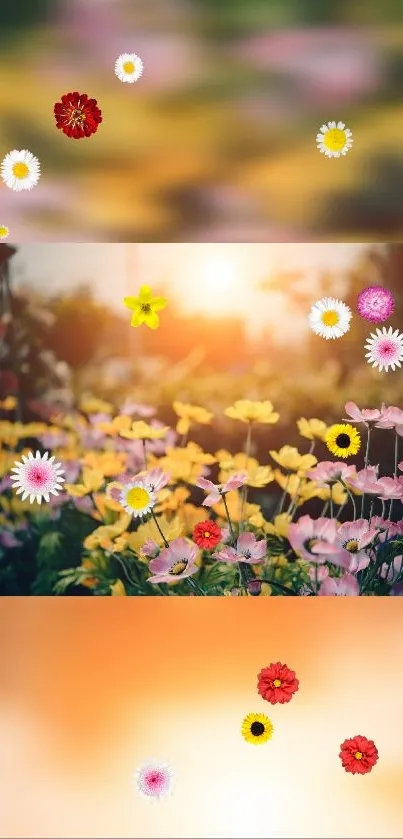 Colorful floral phone wallpaper with blooming flowers in sunlit garden.