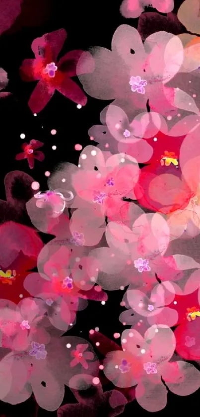 Vibrant floral abstract wallpaper with pink blossoms on a dark background.