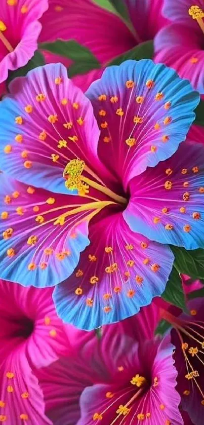 Close-up of vibrant pink and blue hibiscus flowers with detailed petals.