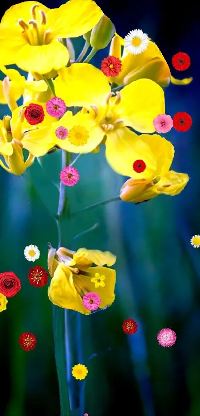 Yellow flower wallpaper with colorful accents on a dark green background.