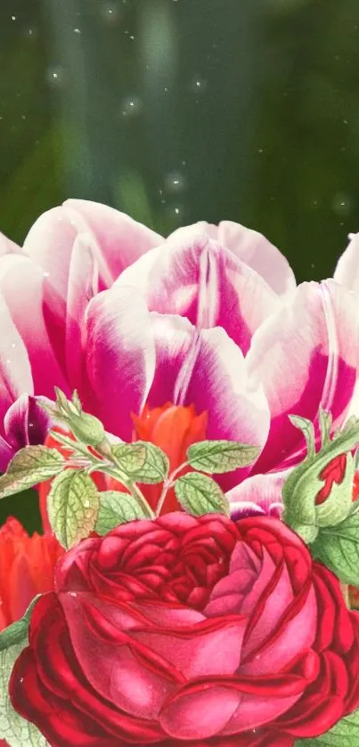 Vibrant pink and red flowers with lush green leaves.