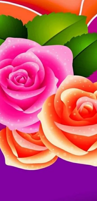 Colorful floral wallpaper with pink and orange roses on a purple background.