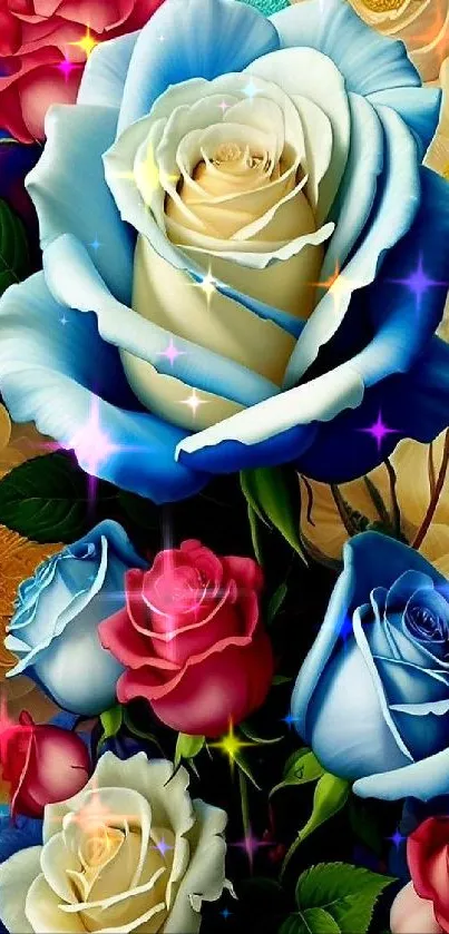 Vibrant blue and colorful roses wallpaper.