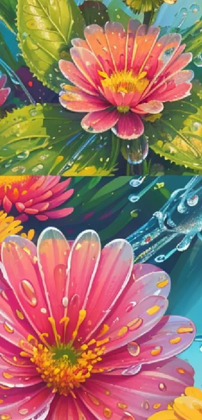 Colorful floral wallpaper with pink flowers and dew drops.