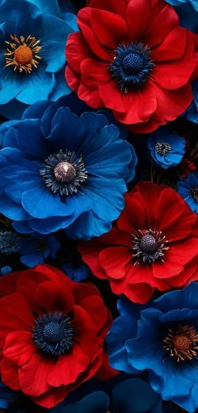 Colorful red and blue flower wallpaper.