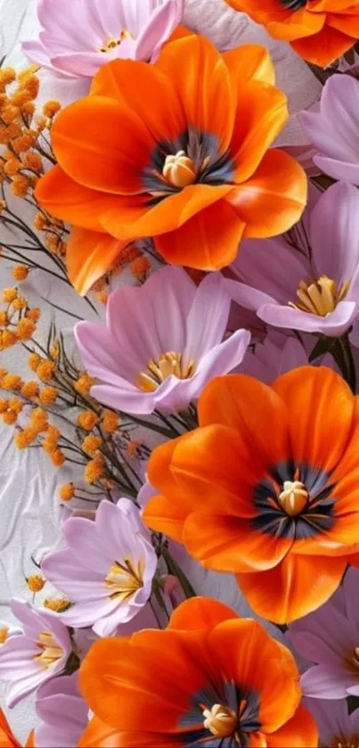 Bright floral mobile wallpaper with orange and pink flowers.