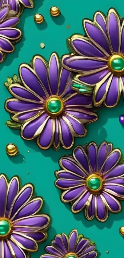 Purple daisy floral pattern with teal and gold accents.