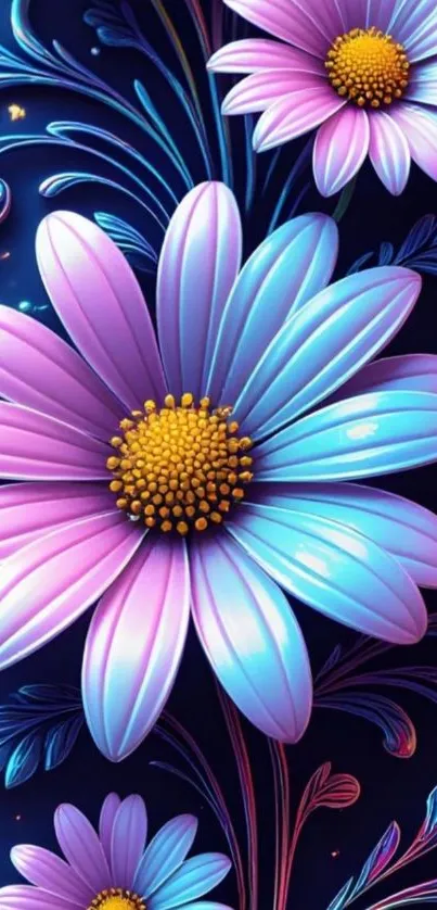 Vibrant daisy-themed mobile wallpaper with luminescent colors.