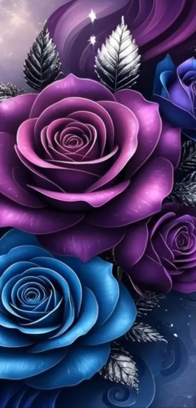 Vibrant purple and blue roses wallpaper design.