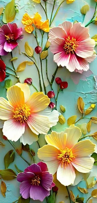 Vibrant floral wallpaper with colorful blossoms and leaves on an aqua background.