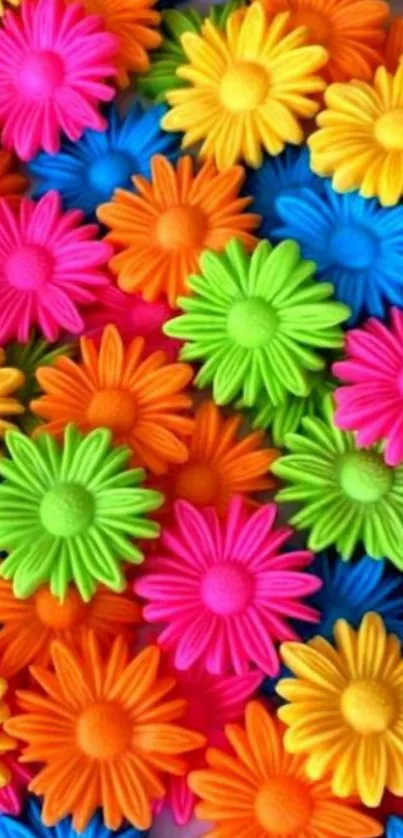 Vibrant wallpaper with colorful daisies in orange, pink, yellow, green, and blue.