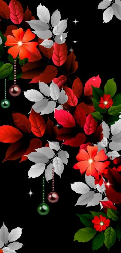 Vibrant phone wallpaper with red flowers on a black background.