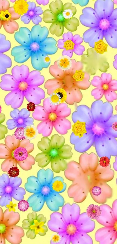 Vibrant, colorful flower wallpaper on light yellow background.