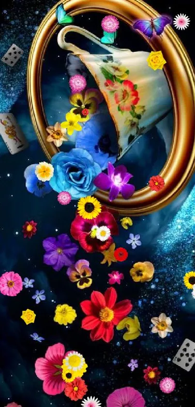 Vibrant floral wallpaper with teacup and cosmic background.