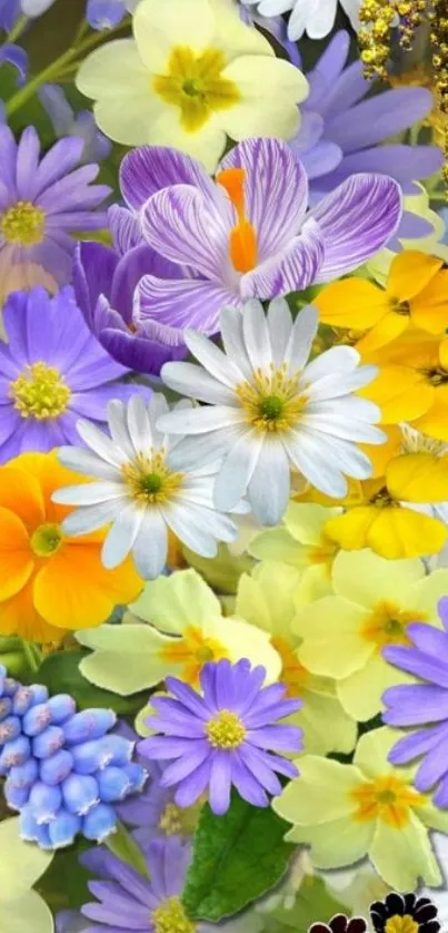 Colorful floral wallpaper with yellow, purple, and orange flowers.