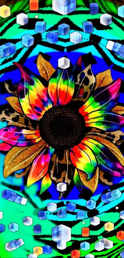 Colorful, abstract floral mobile wallpaper with a sunflower design.