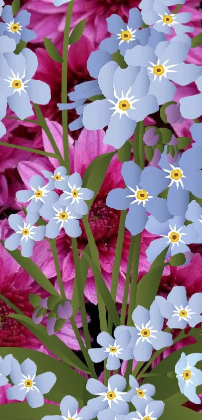 Vibrant wallpaper with blue and pink flowers.