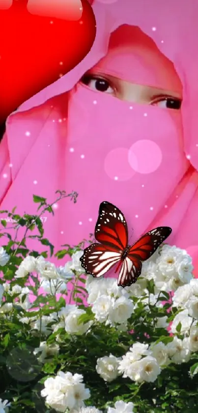 Mobile wallpaper with pink floral and butterflies.