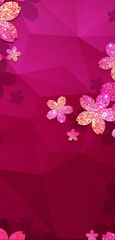 Vibrant pink floral wallpaper with sparkling flowers.