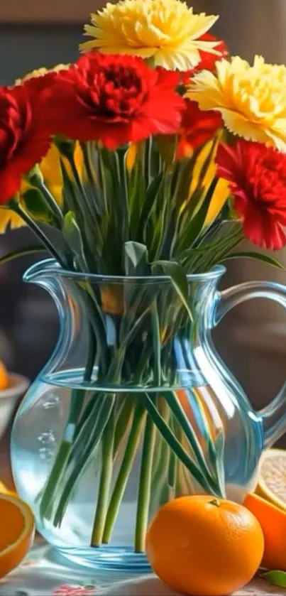 Vibrant flowers and oranges in a glass pitcher.