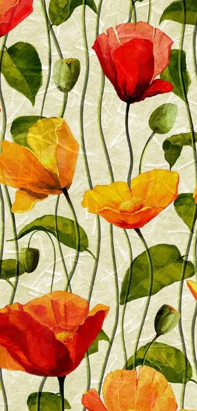 Vibrant watercolor poppy floral wallpaper with red and yellow blooms.