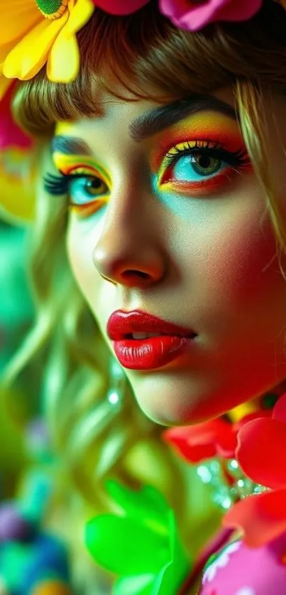 A vibrant portrait with floral accents and vivid colors.