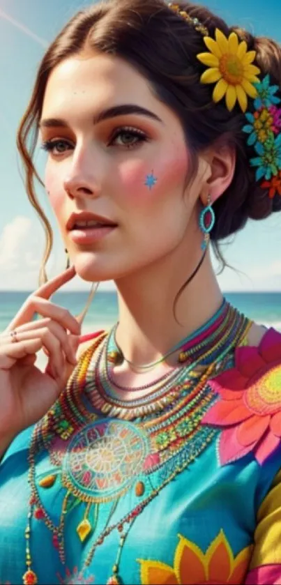 A vibrant woman with floral accents against a beach backdrop.