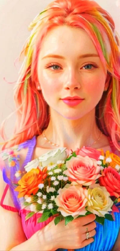 Colorful portrait with a floral bouquet, perfect for vibrant mobile wallpaper.