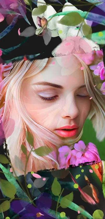 A vibrant floral portrait with colorful blooms and serene face in artistic design.