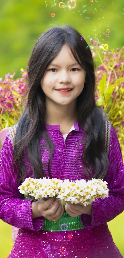 Young woman in purple dress holding flowers with green backdrop.