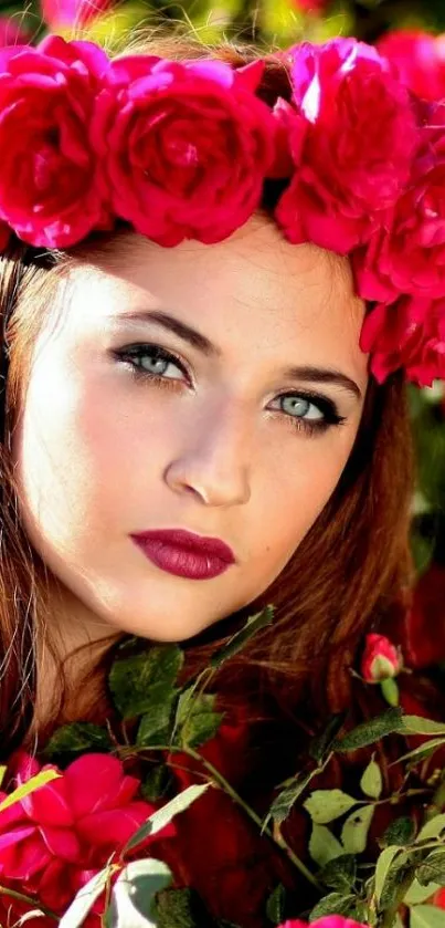 Portrait of a woman with a crown of red roses against a nature backdrop.