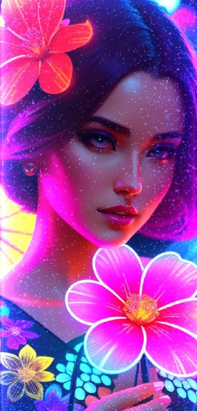 Vibrant neon floral portrait mobile wallpaper.