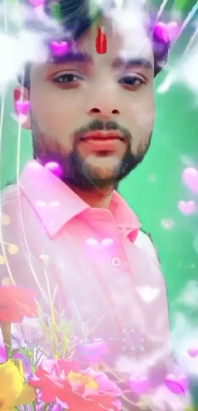 Colorful floral portrait with hearts.