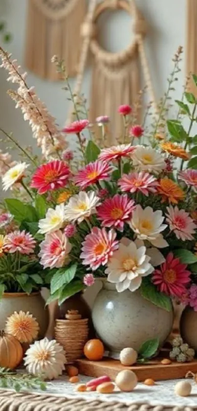 Vibrant floral arrangement with colorful flowers in ceramic pots.