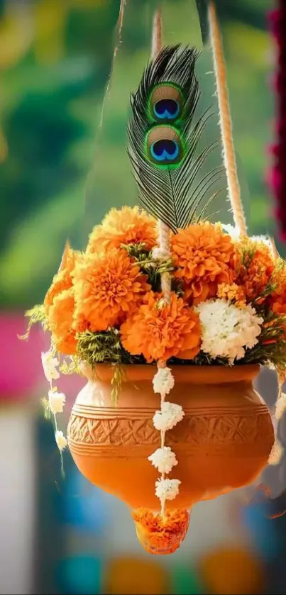 Vibrant hanging floral pot with marigolds and a peacock feather.