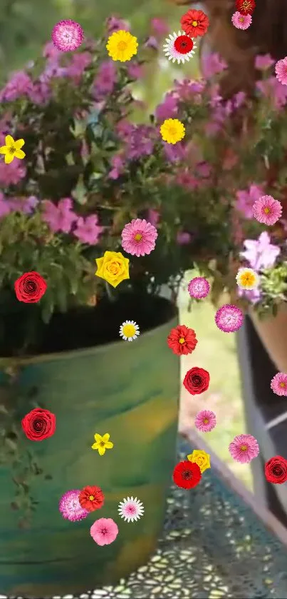 Vibrant pink and yellow flowers in a green pot with scattered red blooms.