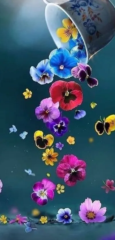 Colorful flowers pouring from a cup against a teal background.