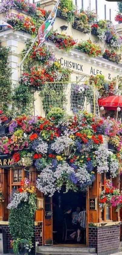 Charming pub adorned with vibrant flowers.