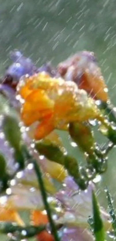 Raindrops glisten on vibrant flowers in a lush green background wallpaper.