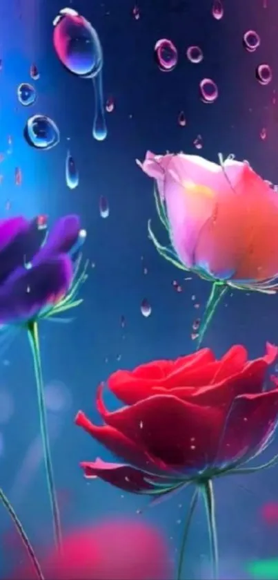 Colorful roses with raindrops on mobile wallpaper.