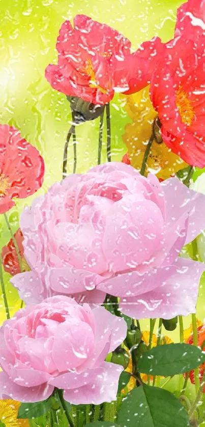 Colorful flowers with rain effect on a green background.