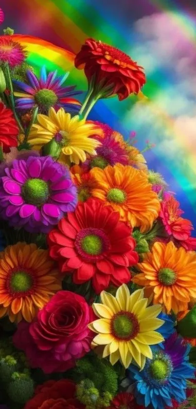 Colorful flower bouquet with a rainbow background.