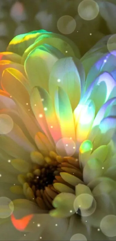 Colorful flower with rainbow light on petals.