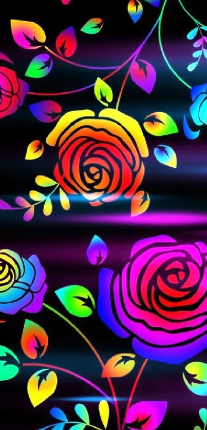 Vibrant rainbow flowers on black background with colorful roses.