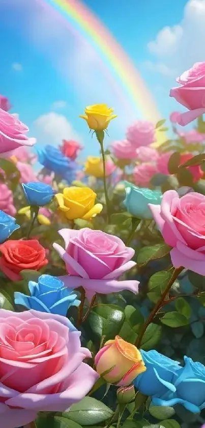 Vibrant roses under a rainbow in a colorful garden.