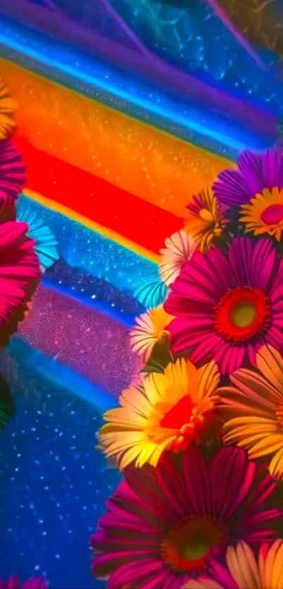 Vibrant floral wallpaper with rainbow hues.