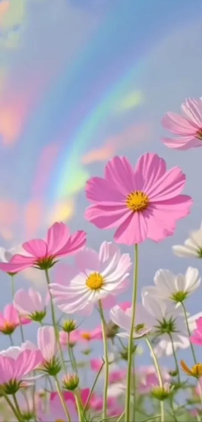 Colorful flowers and rainbow under a bright sky.