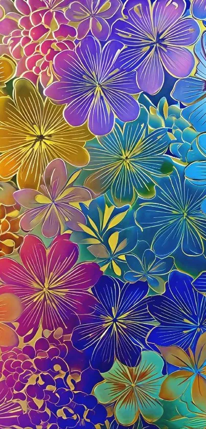 Vibrant floral wallpaper with rainbow colors.