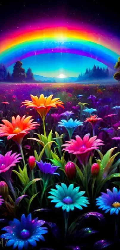 Vibrant flowers and rainbow landscape on mobile wallpaper.