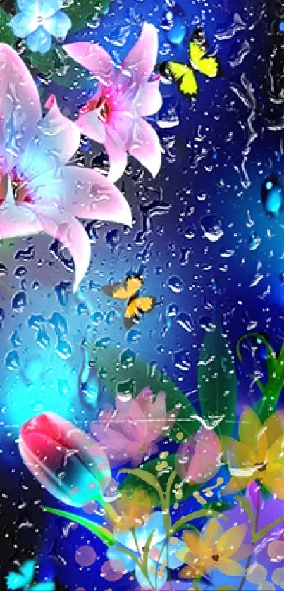 Colorful floral wallpaper with raindrops and butterflies.